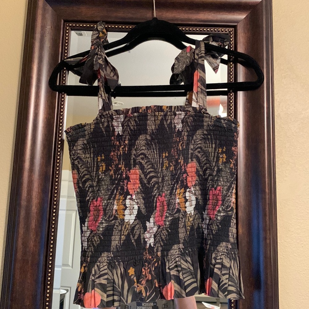 Rebecca Minkoff  DOLLY Smocked Peplum Top Hawaiian Black Multi S Tank Bows